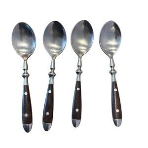 Vintage HF LTD Stainless Teaspoons Wood Handles Mid Century Modern Set of 4